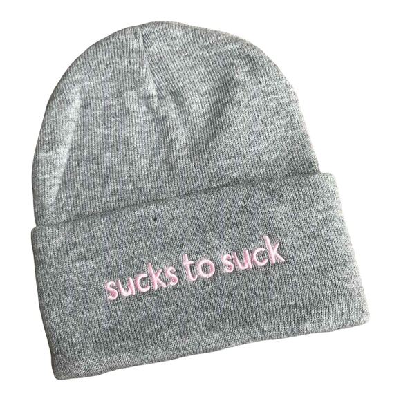 Sucks To Suck Womens Hat One Size Watch Cap Boggan Toboggan Gray Grey Pink NEW - Picture 1 of 4